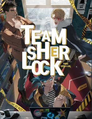 a cover for an RPG that shows three young people, anime-style. title: Team Sherlock