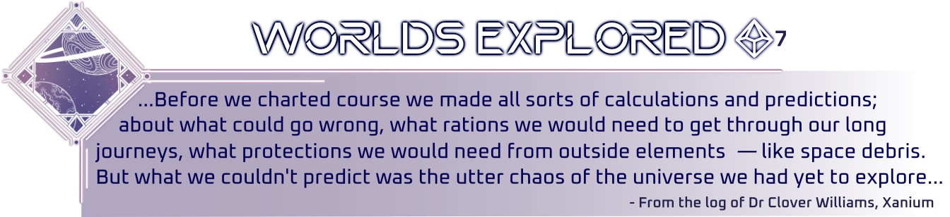 Graphic with a diamond suit in the top left corner with planet line art inside. Title reads Worlds Explored, inside a gradient box. Text reads 'Before we had charted course we made all sorts of calculations and predictions; about what could go wrong, what rations we would need to get through our long journeys, what protections we would need from outside elements - like space debris. But what we couldn't predict was the utter chaos of the universe we had yet to explore.
