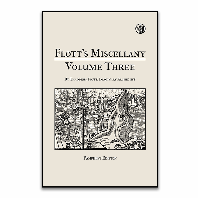 A zine cover for Flott's Miscellany Volume Three showing a wizard landing at the docks of a fantasy city in the mouth of a giant sea turtle/beast.