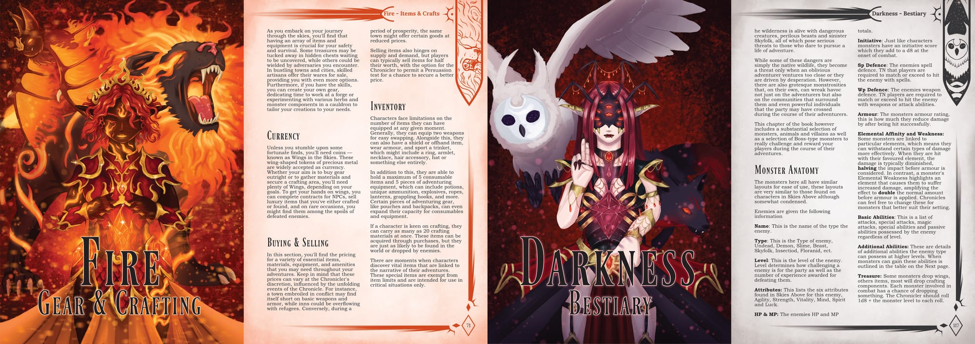 Image containing two, two page spreads from Skies Above from Gear & Crafting and the Bestiary