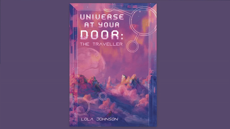 On a purple background an animation of a mock up of The Traveller Solo Game is flipped through quickly, showing a sci fi layout of HUD style text boxes with backlighting on a continuos pink to dark blue gradient background that progress across the pages. It flips continuously from the front cover to the back and then turns over to begin again.