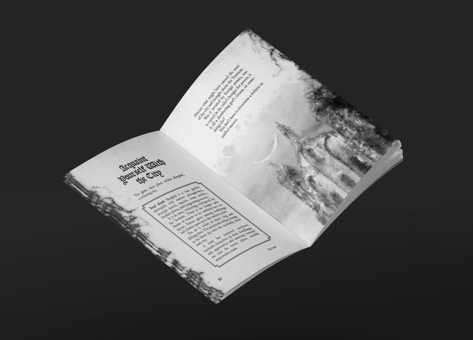 Photo of an open Knight Forlorn booklet spread, with gothic text and ink patterns on the left and a grayscale cathedral on the right.