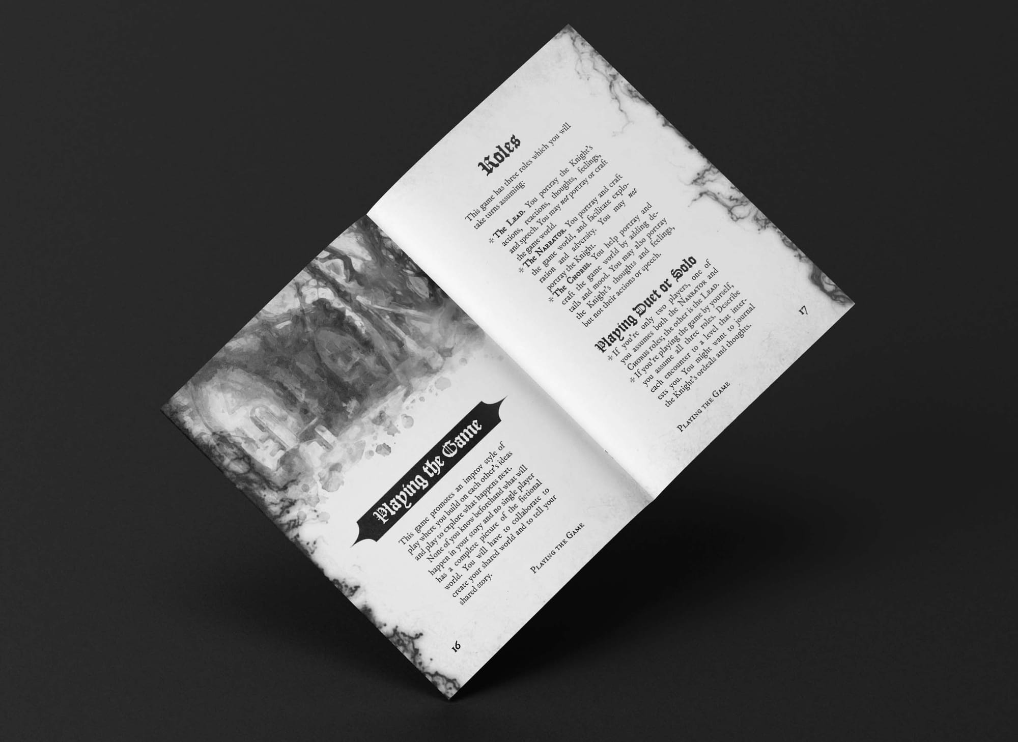 Photo of an open Knight Forlorn spread, with gothic text, a grayscale shrine illustration, and ink patterns.