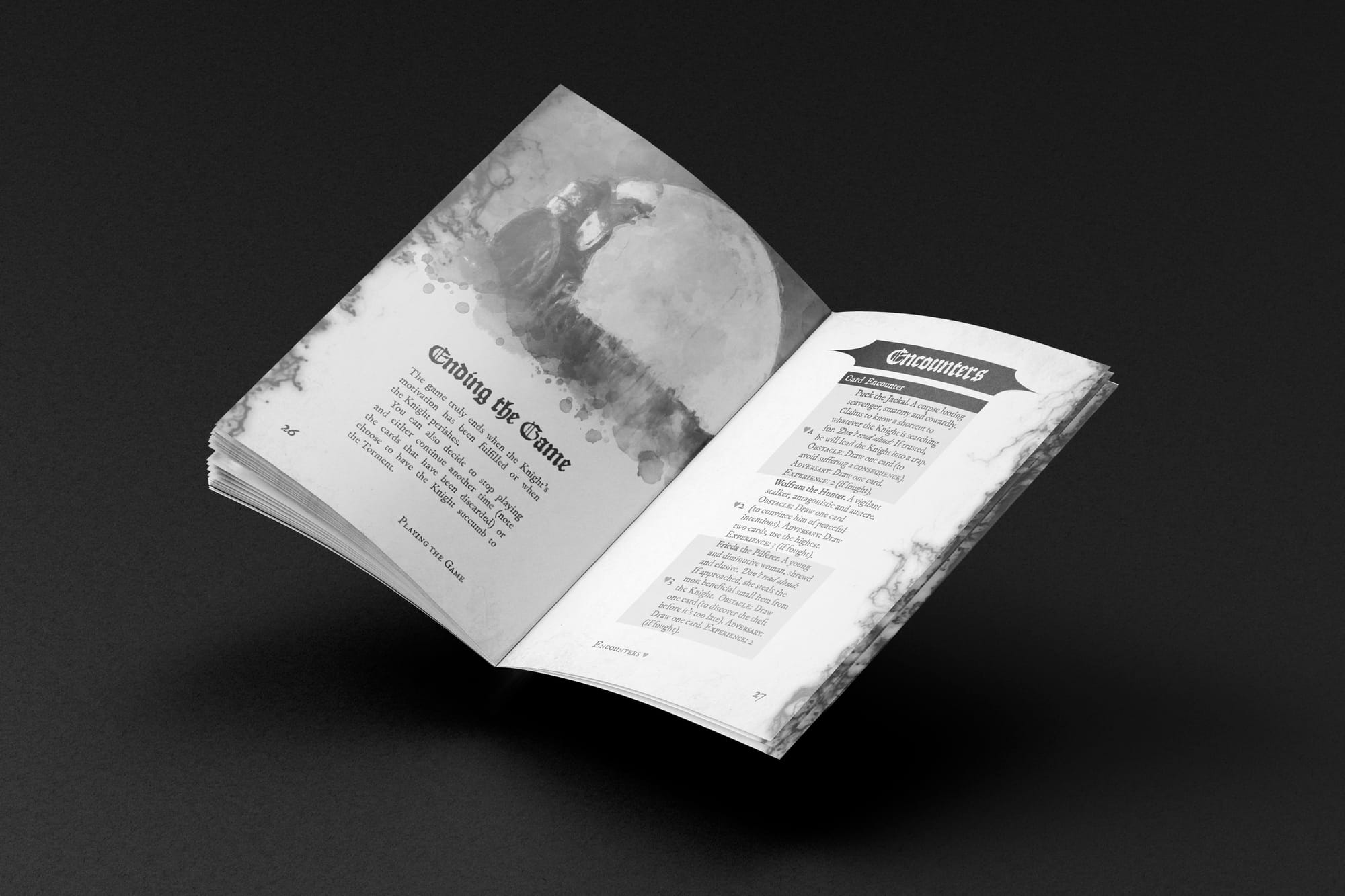 Photo of an open Knight Forlorn spread, with a grayscale kneeling knight illustration, gothic text, and an encounter table.