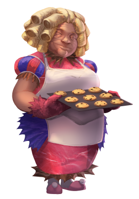 A short, plump woman with blonde curls and tanned white skin. She's wearing an apron over pink-and-blue clothes as she holds out a try of cookies.