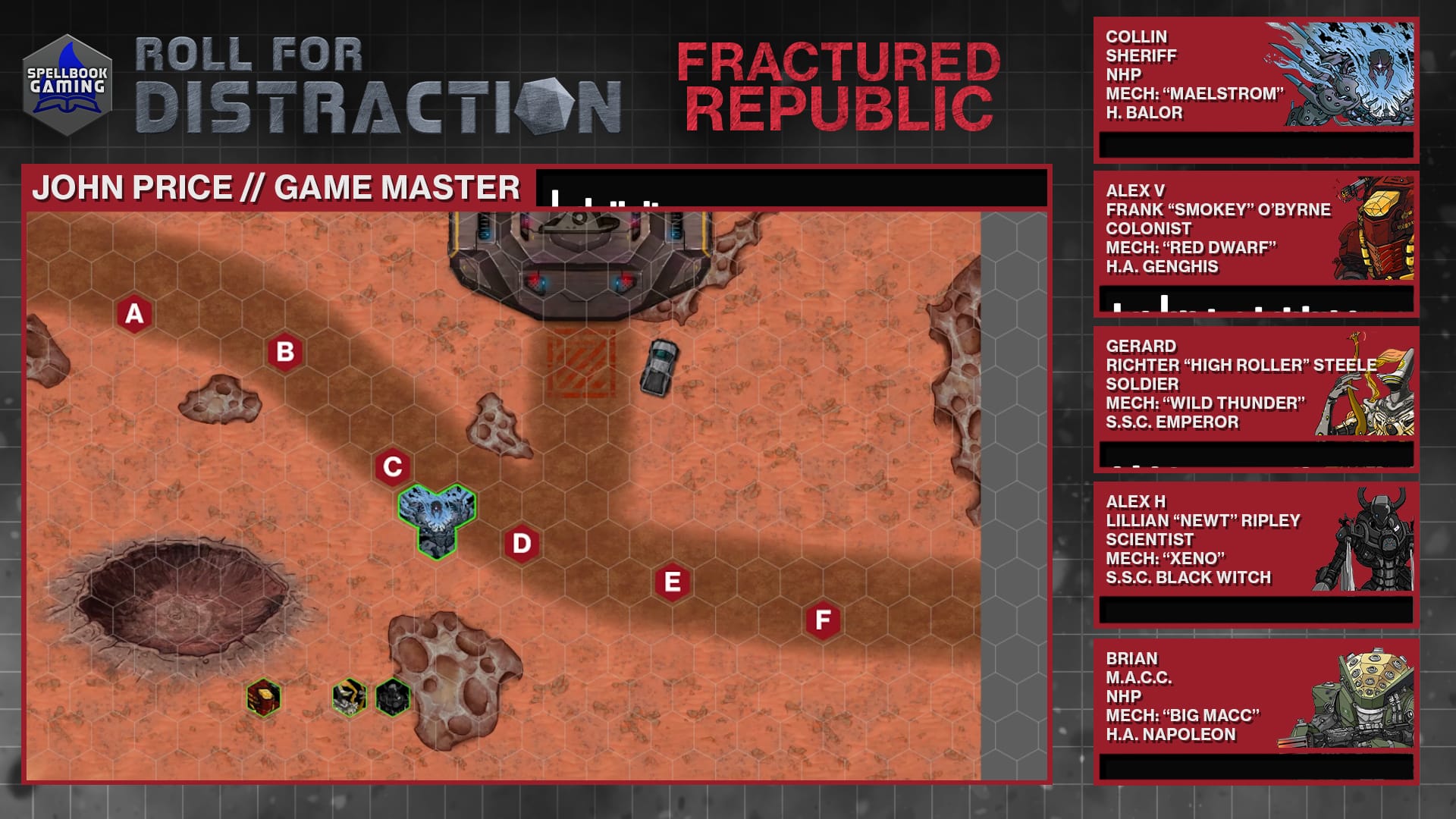 Video screenshot. VTT map in the middle, surrounded by names of players and characters.