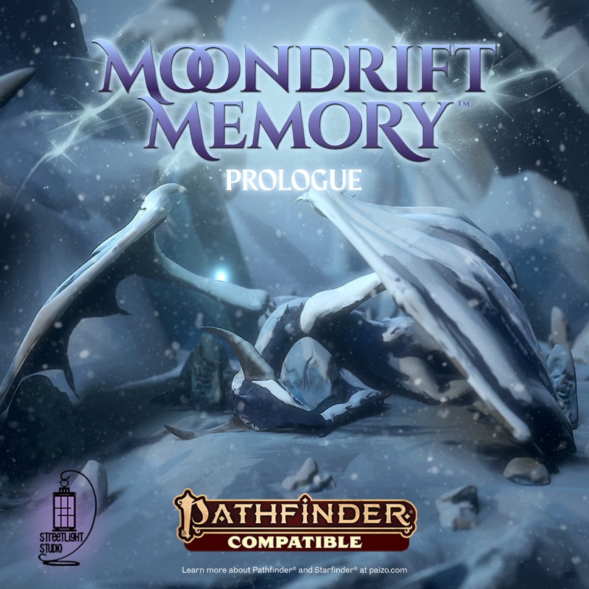 An image of a deceased dragon, clutching a rock in the shape of an egg. "Moondrift Memory: Prologue" is written at the top, with the "Pathfinder Compatible" logo at the bottom, and the Streetlight Studio logo in the bottom corner. The image is mostly in blues and grey, with snow falling in a cold and rocky landscape.