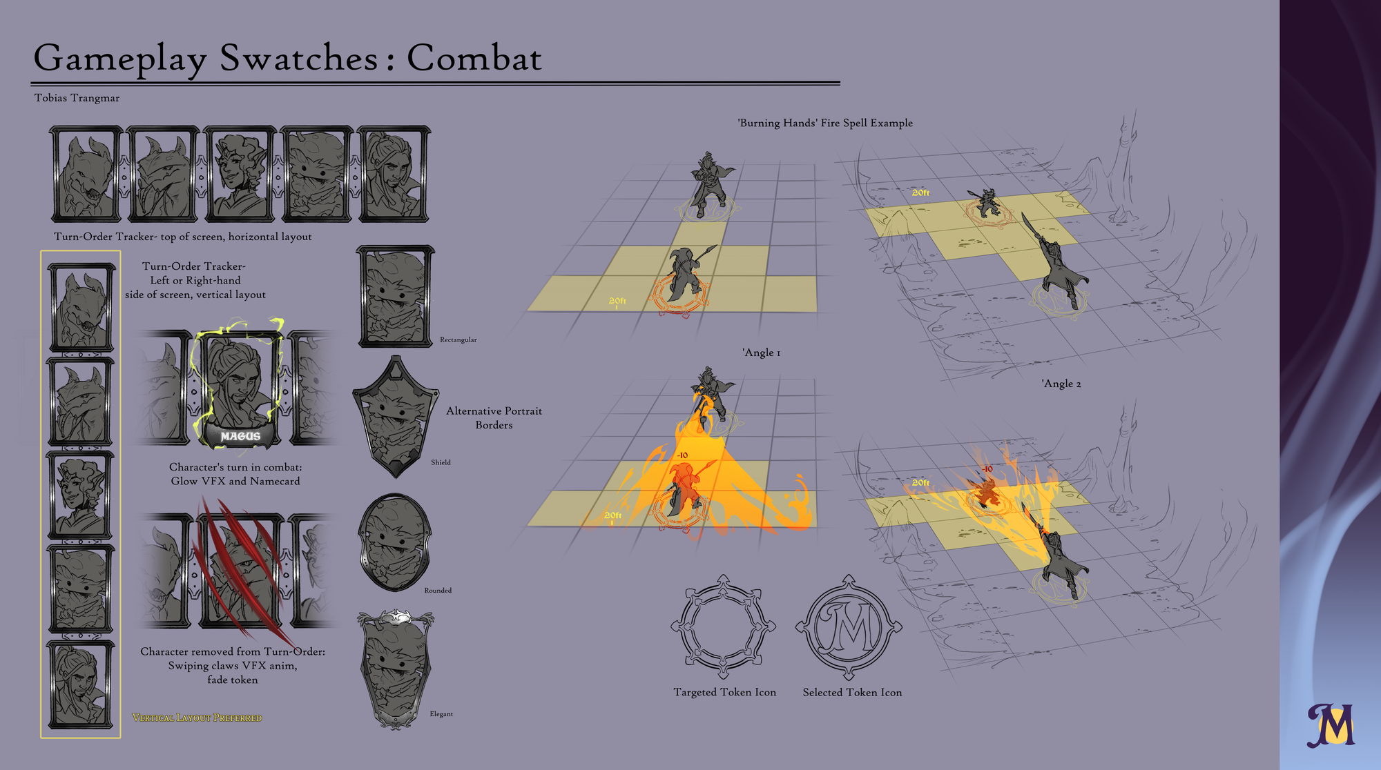An artist's rendition of what Combat will look like in Moondrift Memory. The image shows characters in frame icons with UI appearances of when those characters are engaging in combat and when they have been defeated, as well as drawings of the characters casting spells in combat on a grid.