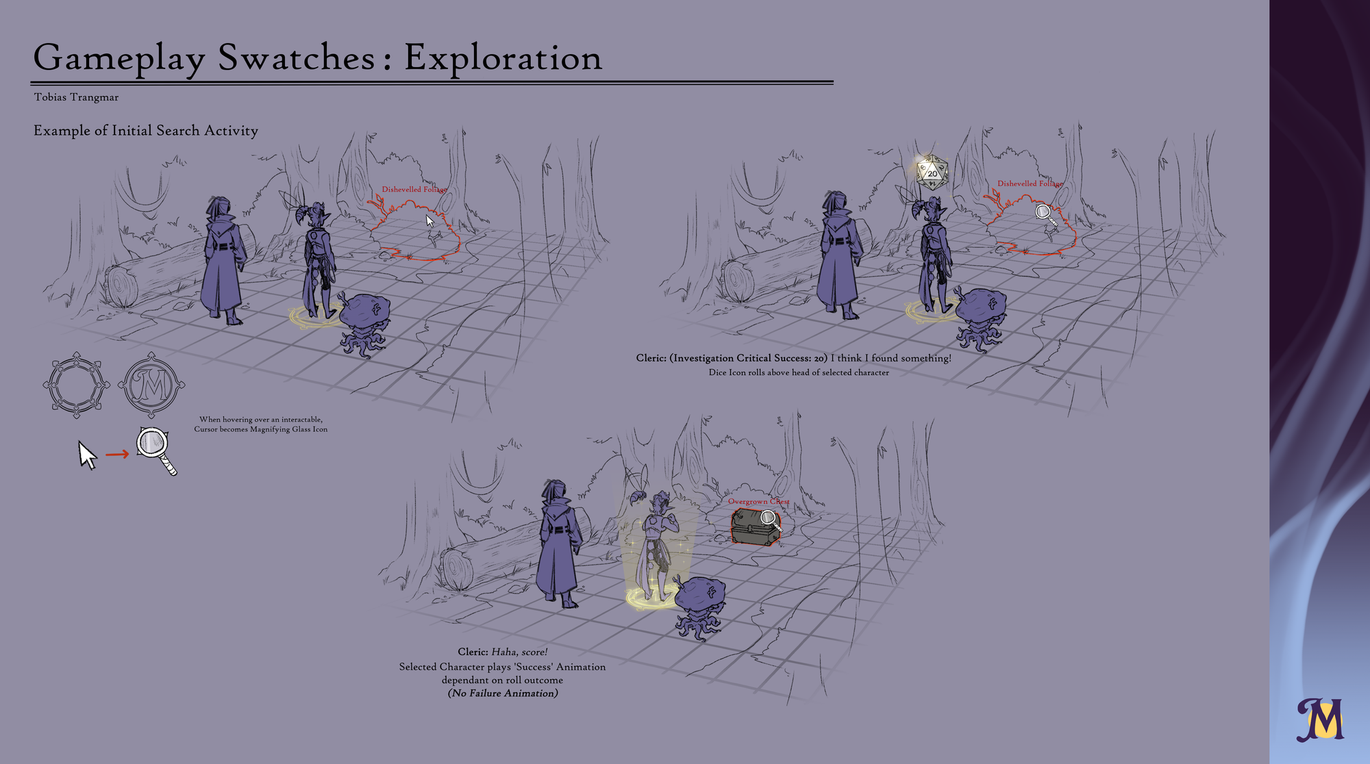 An artist's rendition of what Exploration will look like in Moondrift Memory. The image shows characters in a forest and how areas will be highlighted when they explore them, as well as different options for on-screen UI icons.
