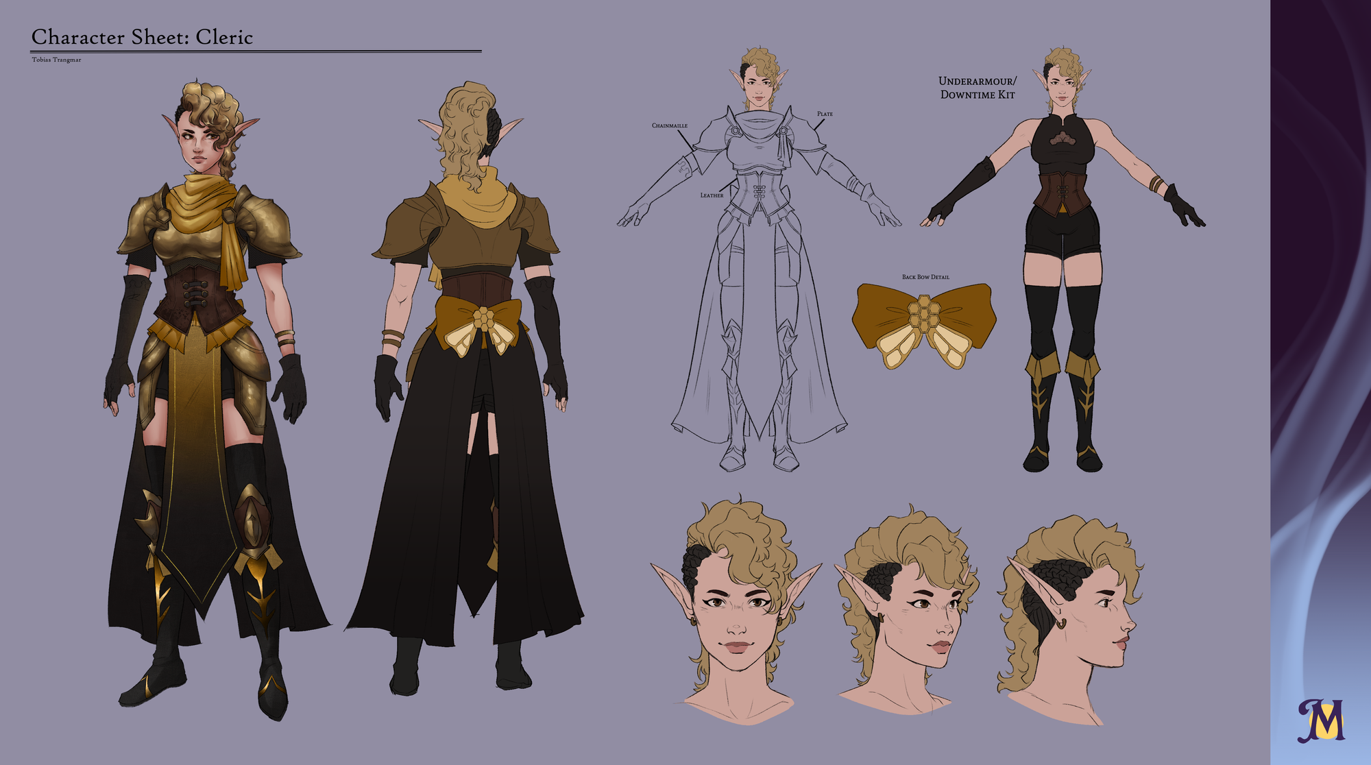 Character design sheet for the cleric in Moondrift Memory, showing drawings and costume designs by Tobias Trangmar.