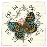 A square piece of paper that has a design stamped on it. A butterfly with map designs on its wings sits in the middle. In a circle around the design are letters: esf in dse cre tsch an ge rul