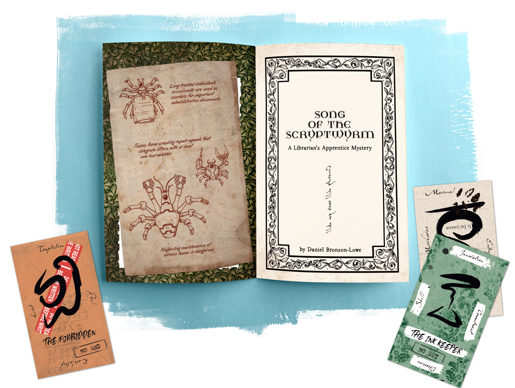 Open copy of Song of the Scryptwrym, with a diagram of glow mites on the left and the title page on the right. An assortment of oracle deck cards are spread around it.