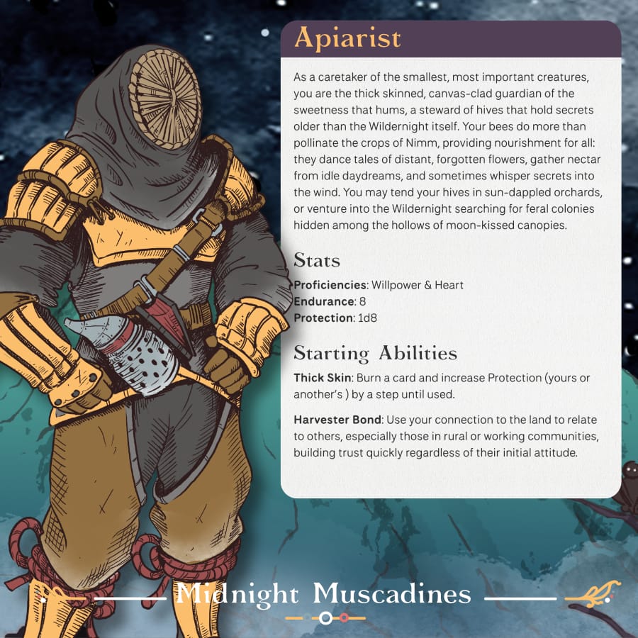 Image of a canvas clad apiarist (bee keeper), with their description and stat block next to them from the game book. 