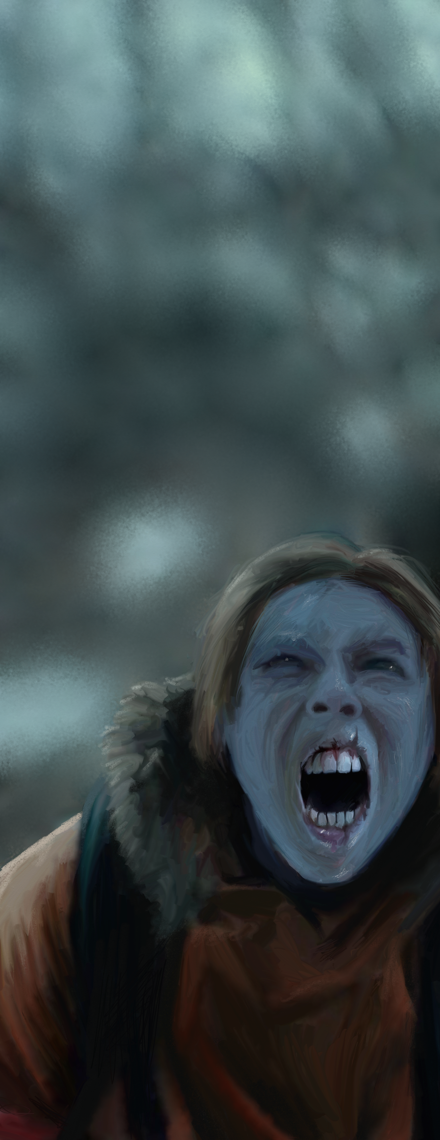 A woman who froze to death screams snarling into the winter light.
