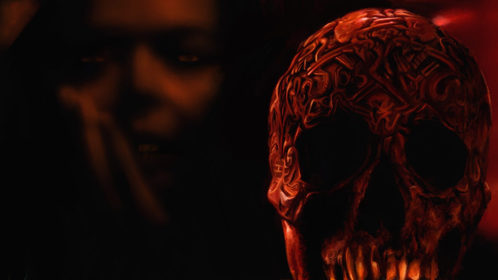 A skull, elaborately engraved. A woman smiles, barely seen in the background. See why in "Delta Green: Dead Drops."