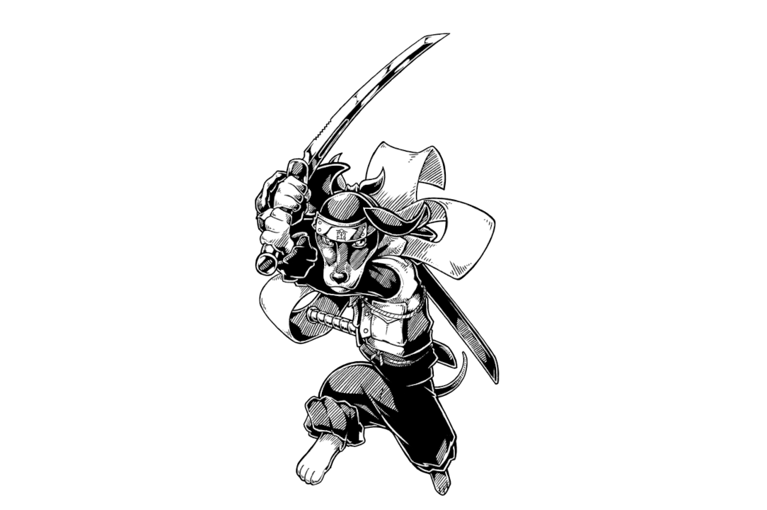 A mutant, humanoid Dachshund dog leaping forward with tacticool vest, loose pants, scarf fluttering behind, and a sword held in both hands over his head. He has a metal headband with an antiquated Chinese character for "metal" on it.