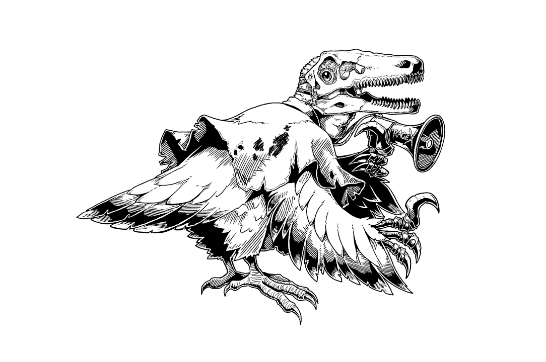 A mutant, humanoid parrot stands in profile, wearing a dinosaur skull over his head and with "sickle-claws" attached to his arms (which double as wings). He has a trap on over his shoulders and a megaphone that reads "RageX" for "roaring".