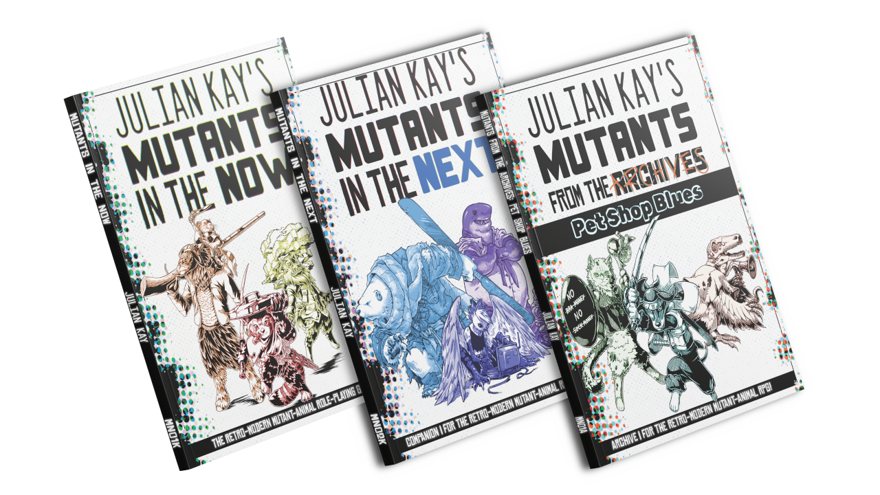 The covers for "Mutants in the Now", "Mutants in the Next", and "Mutants From the Archives" in profile.