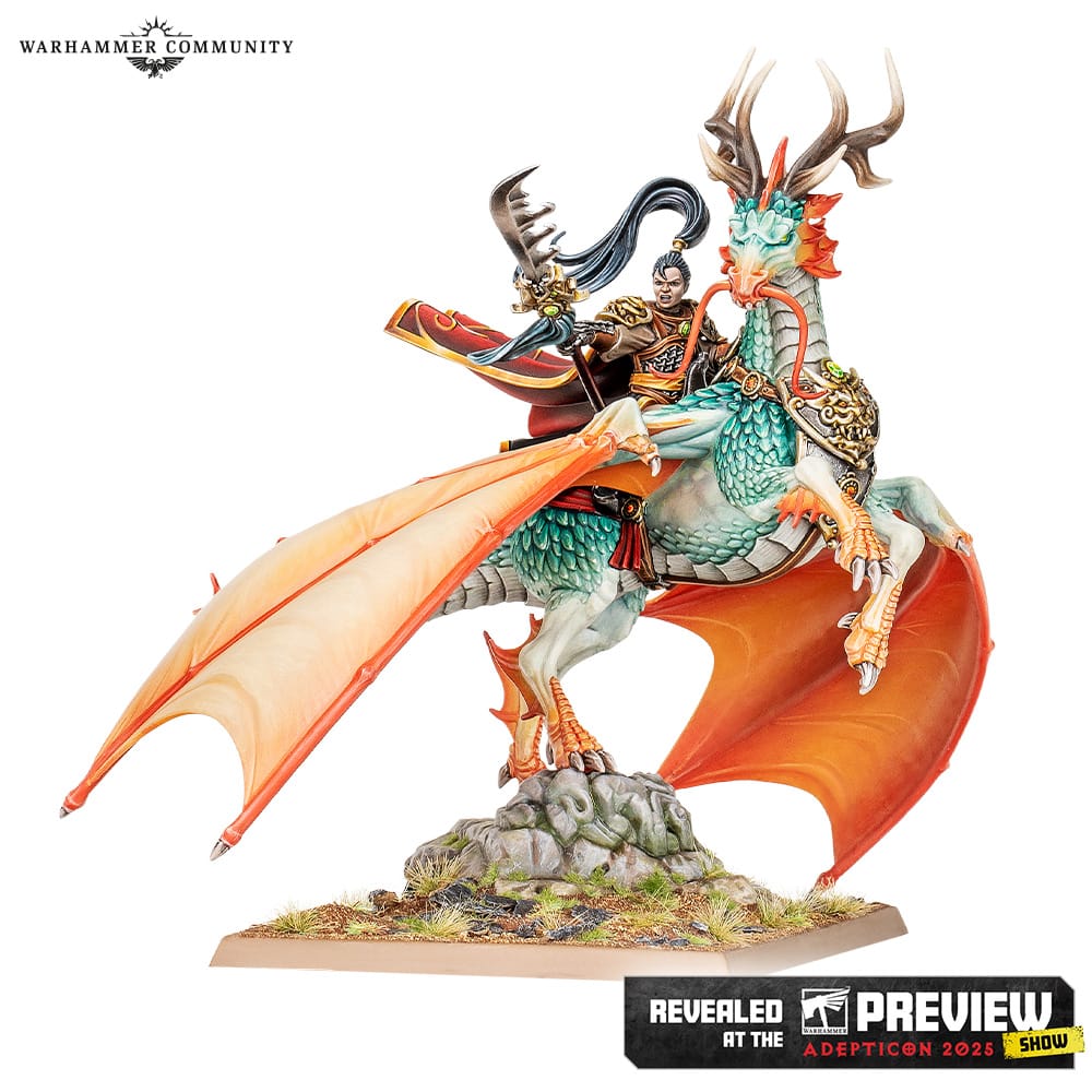 A photo of a Shugengan Lord on Great Spirit Longma miniature, an armoured man with East Asian features riding atop a steed that resembles a cross between a horse and a dragon with large wings.