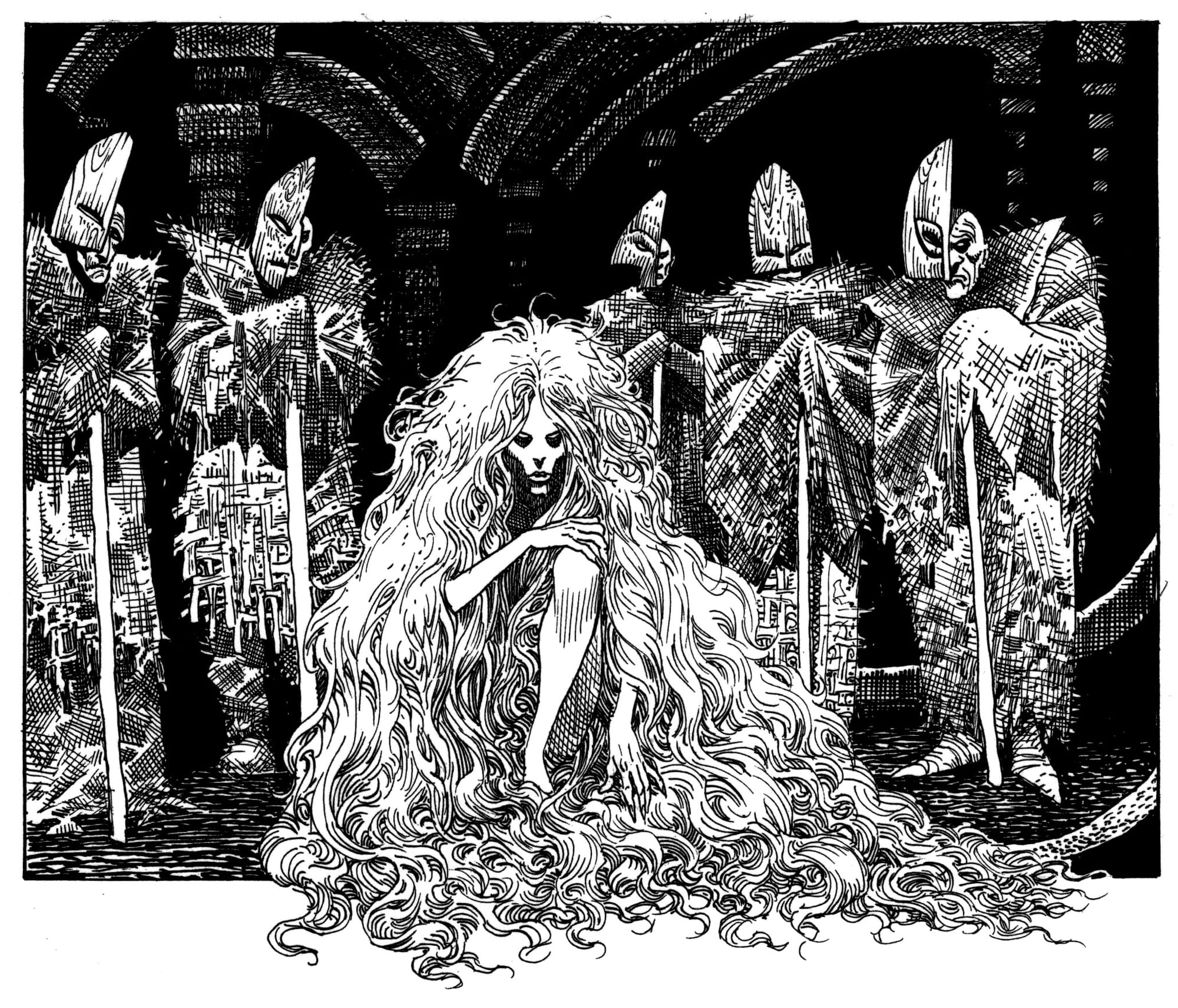 Artwork for Liquid Steel depicting a long haired person surrounded by a troop of masked guards