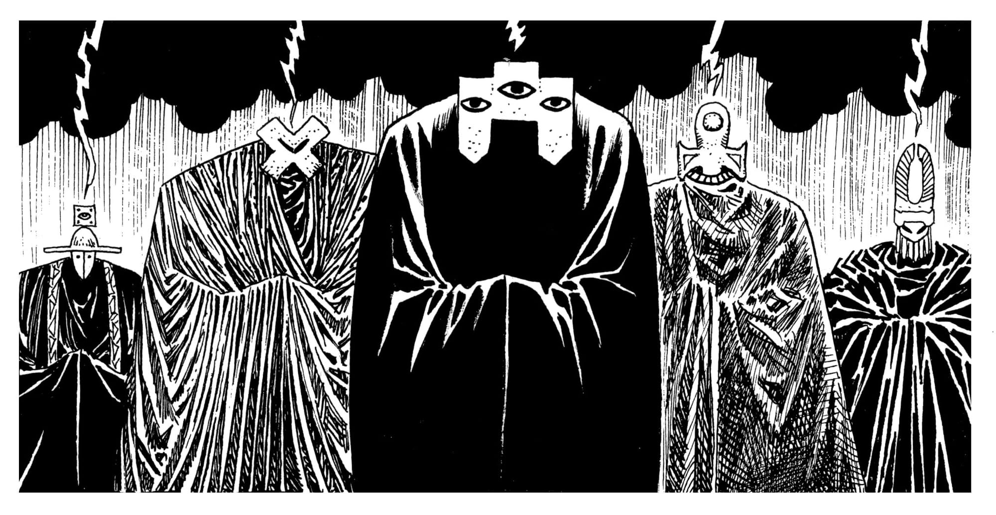 Artwork of Liquid Steel depicting five robed people with strange heads.