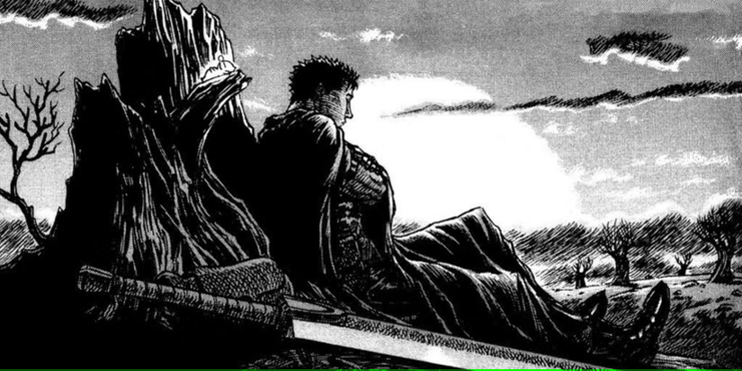 A panel from Berserk. Guts, the main character, rests against a tree.