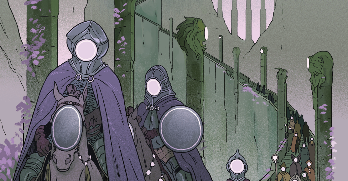 knights wearing alien helmets walk in a line