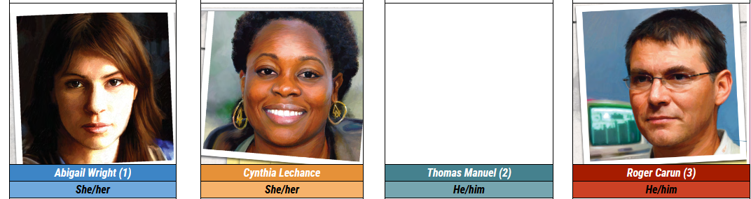 Four portraits and pronouns: Abigail Wright (she/her), Cynthia Lechance (she/her), Thomas Manuel (he/him), Roger Carun (he/him)