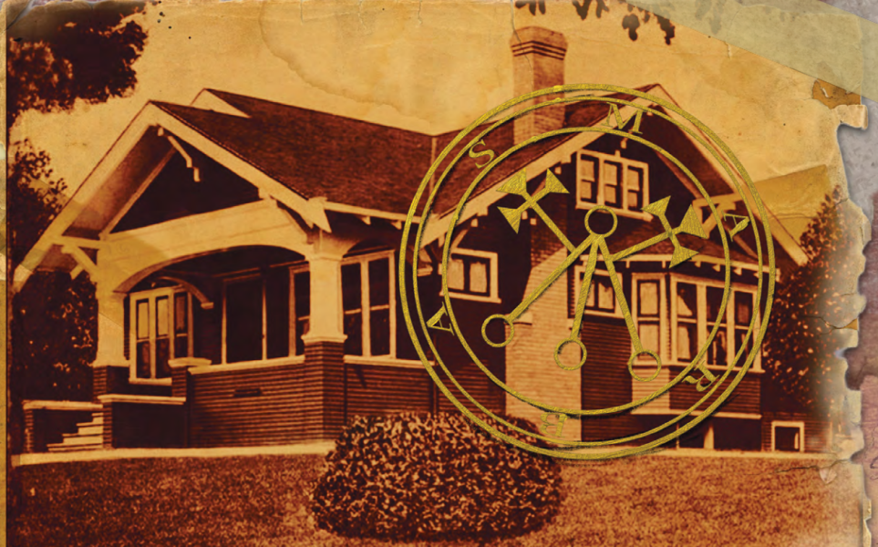 Sepia-toned photo of a family home with a circular yellow crest overlaid.