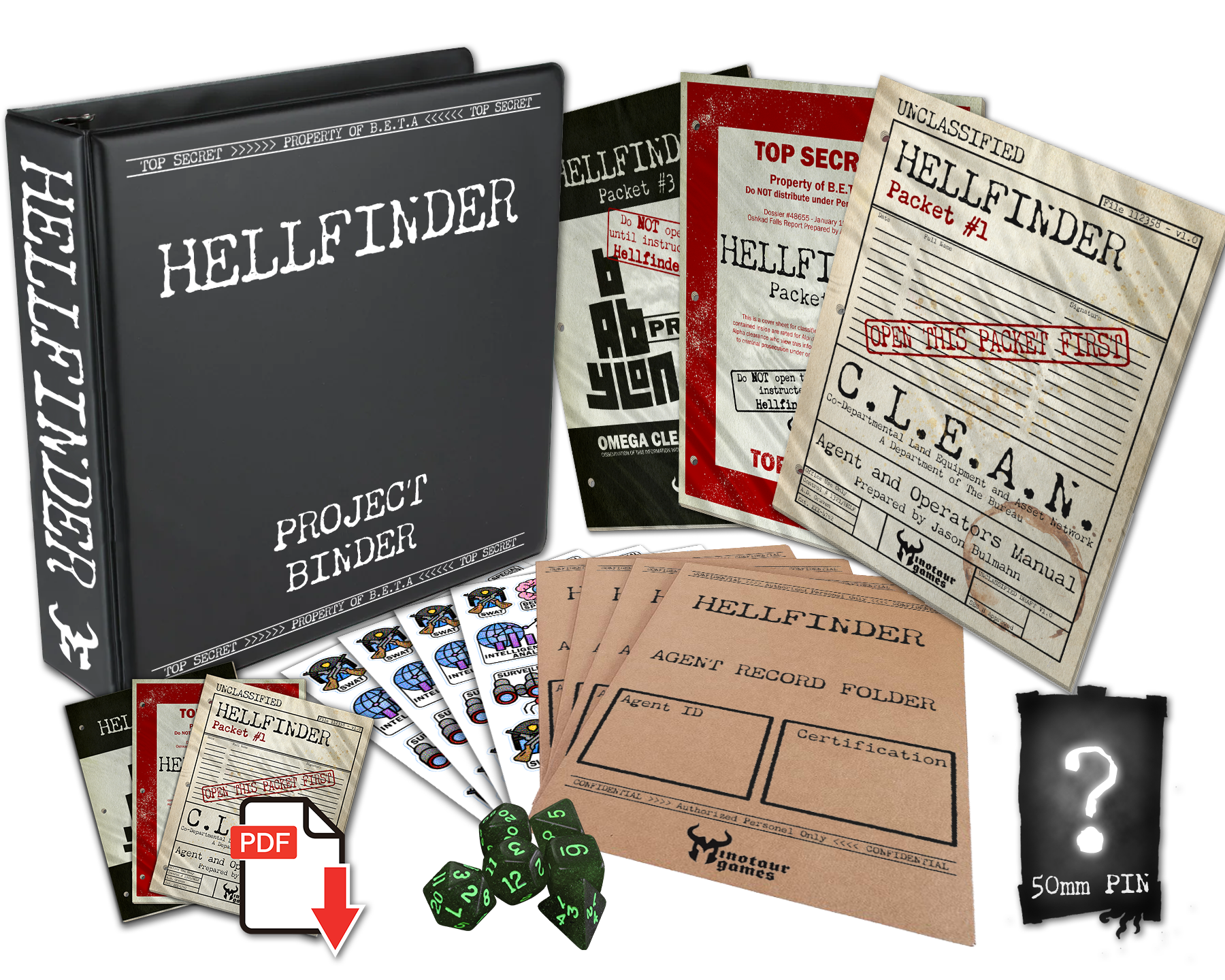 An image of the 3 Hellfinder Packets, the black binder, the agent record folders, dice, and a silhouette of a pin.
