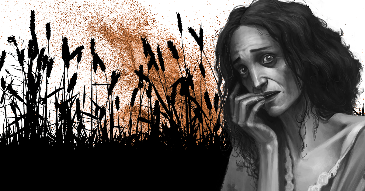 An image of a middle aged woman, with dark hair, biting her nails in front of a silhouette of a wheat field and swarm of insects.