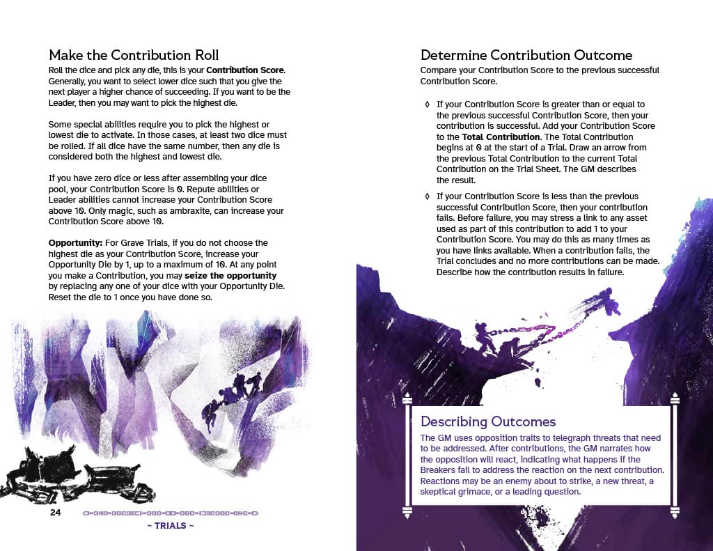 Spread of the game, on the left side is text for the section, "Make the Contribution Roll" and features an illustration of four Breakers climbing a cliff. On the left is the section, "Determine Contribution Outcome" and an illustration of two Breakers sling-shotting a third across a chasm with their chains.
