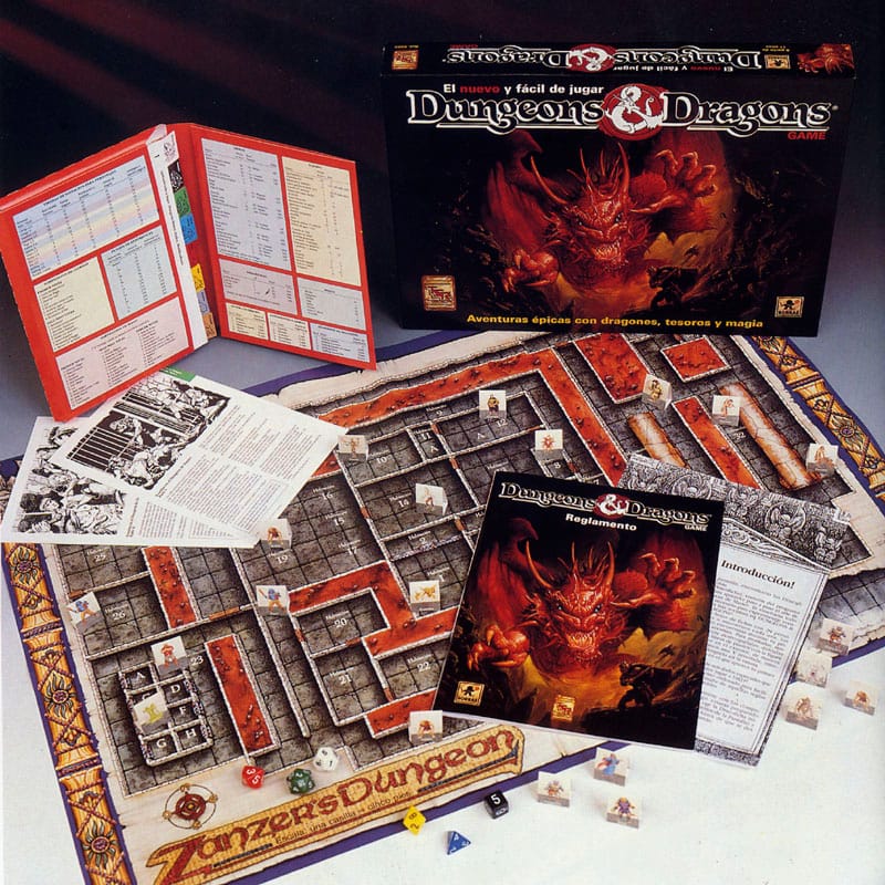 A photo of the contents of The NEW Easy to Master Dungeons & Dragons Game, showing the dungeon map, rulebook, Dungeon Cards and other accessories.