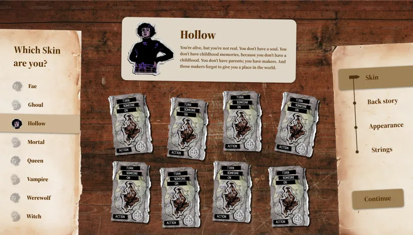 character creation screen with the skins to choose from