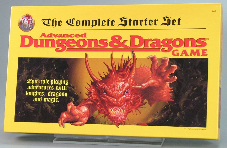 A photo of The Complete Starter Set: Advanced Dungeons & Dragons GAME. The text reads "Epic role-playing adventures with knights, dragons and magic."