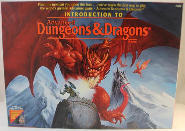 A photo of Introduction to Advanced Dungeons & Dragons. The text reads "From the moment you open this box ... you've taken the first step to play the world's greatest adventure game - Advanced Dungeons & Dragons!"