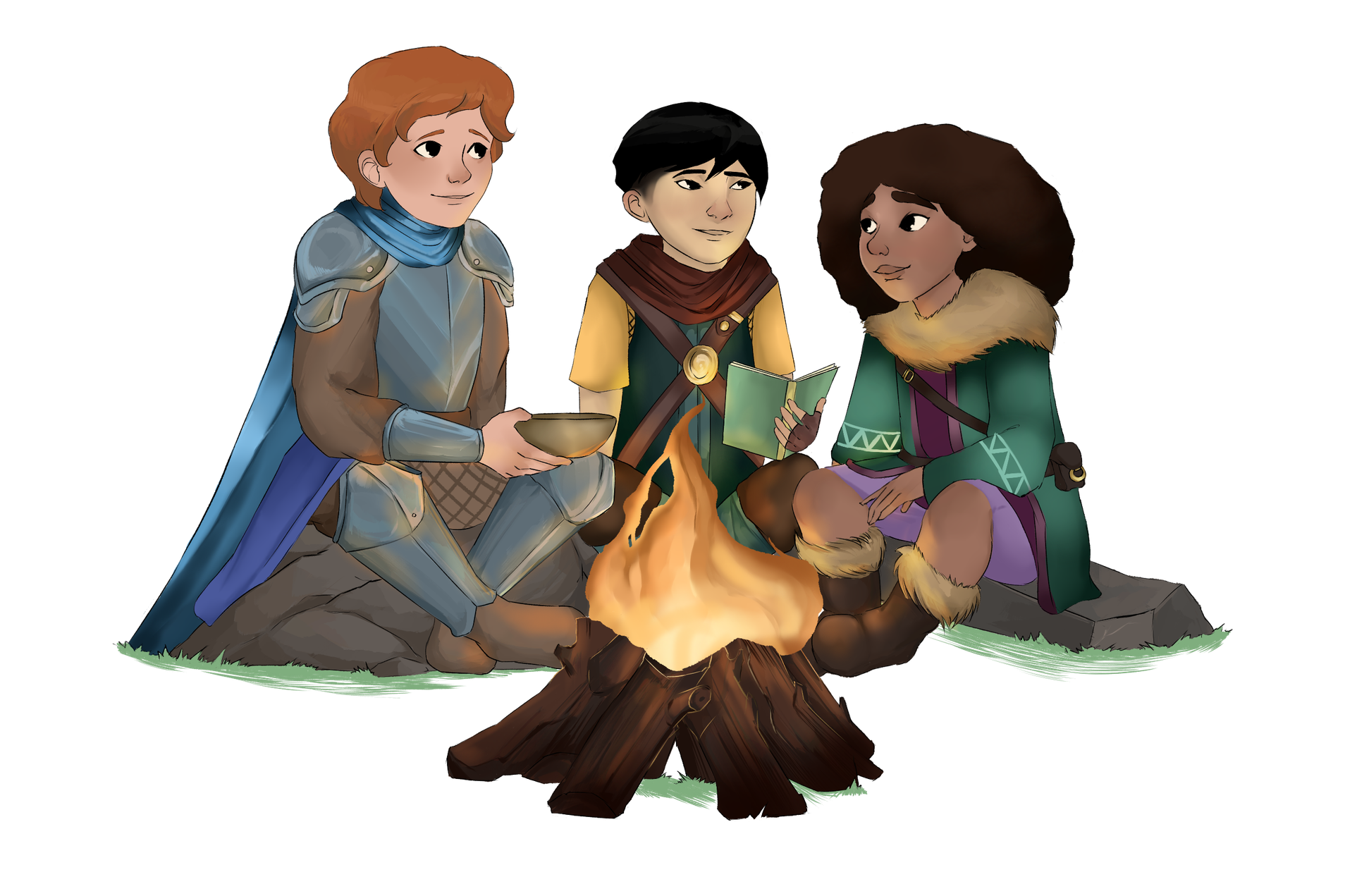 Knight, Ranger and Druid sitting by the fire