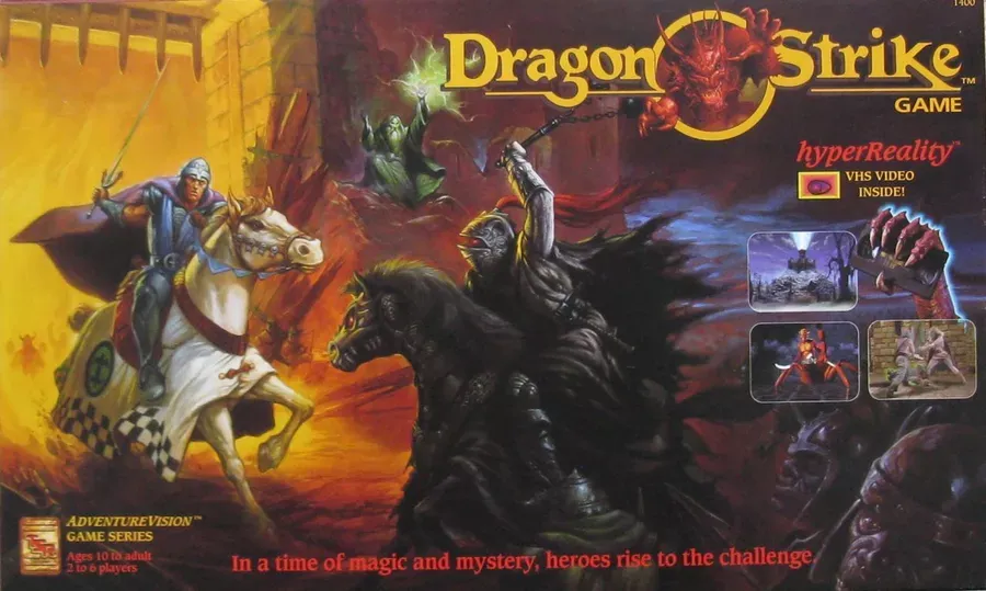 A photo of the Dragon Strike box. Text reads "hyperReality VHS video inside!" and "In a time of magic and mystery, heroes rise to the challenge."