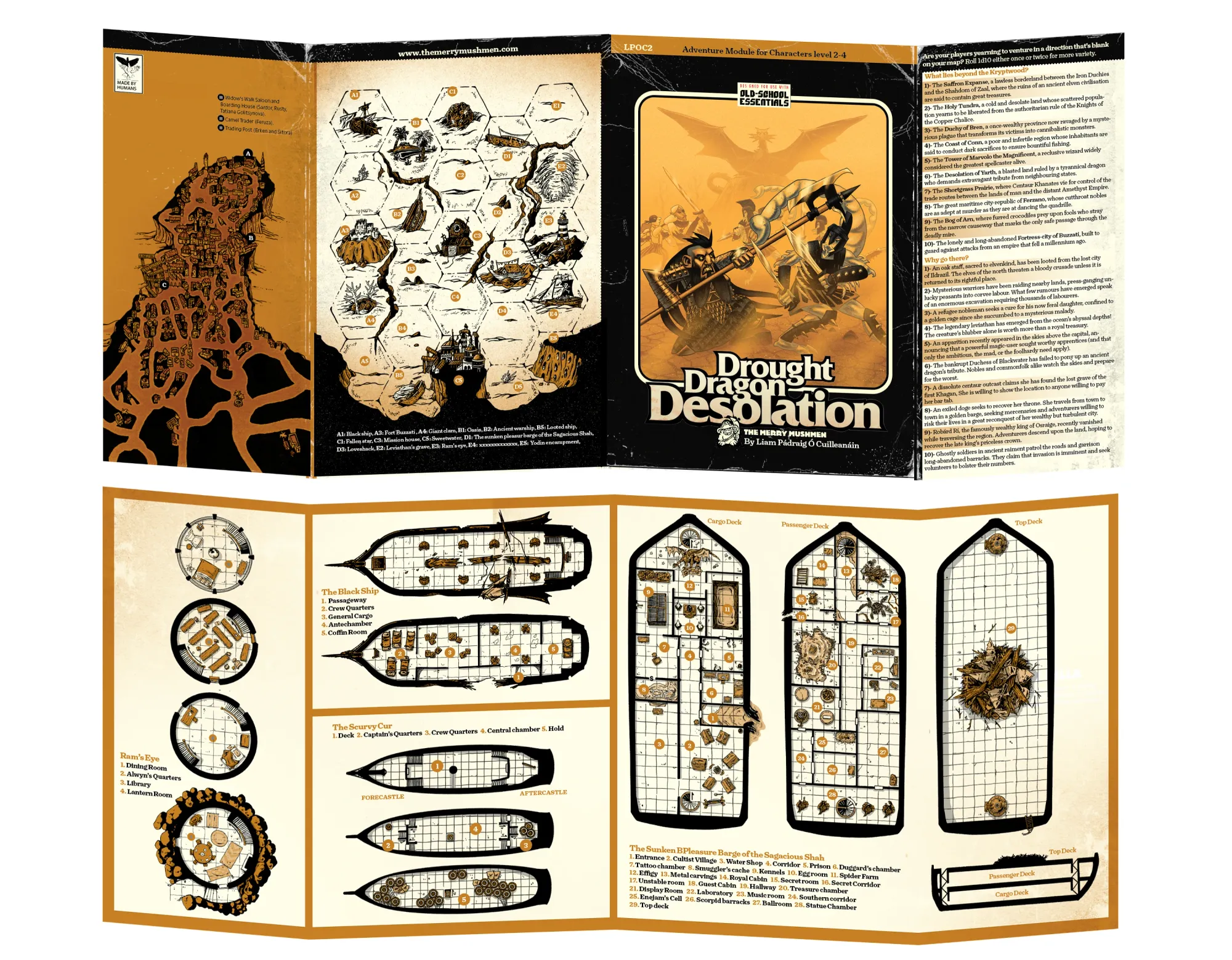 The front and back of the detachable cover for DDD, all in black, white, and sepia.  At the top are the four outside panels with the cover, a desertic looking hex map on the back cover, flanked on the left flap by an illustrated map of the town of Sweetwater. The right flap has a detailed encounter table.   Below is the inside, whose four panels feature ship deckplans, with detailed drawings of furniture and other features. 