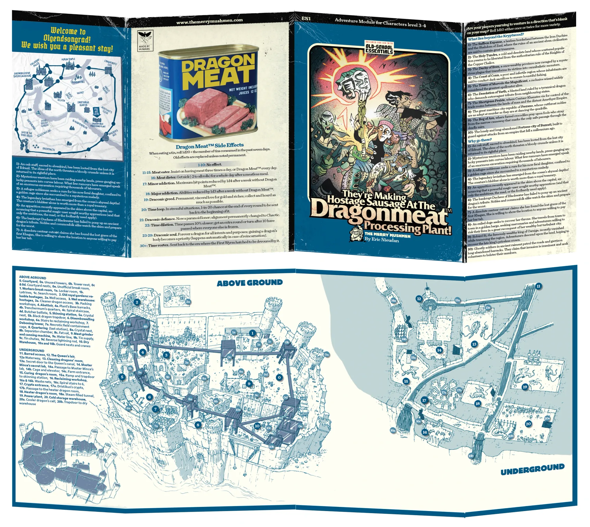The front and back of the detachable cover for Hostage Sausage, all in black, white, and dark blue.    At the top are the four outside panels with the cover, a map of the city of Olgendsongrad, a picture of a tin of Dragon Meat (made to look like a tin of Spam) and detailed random tables.   The inside panels gather three intricately illustrated isometric maps of the Dragon Meat processing plant: its roofs, its main floor, and its sewer level. It is clear that the factory was built in an old castle.