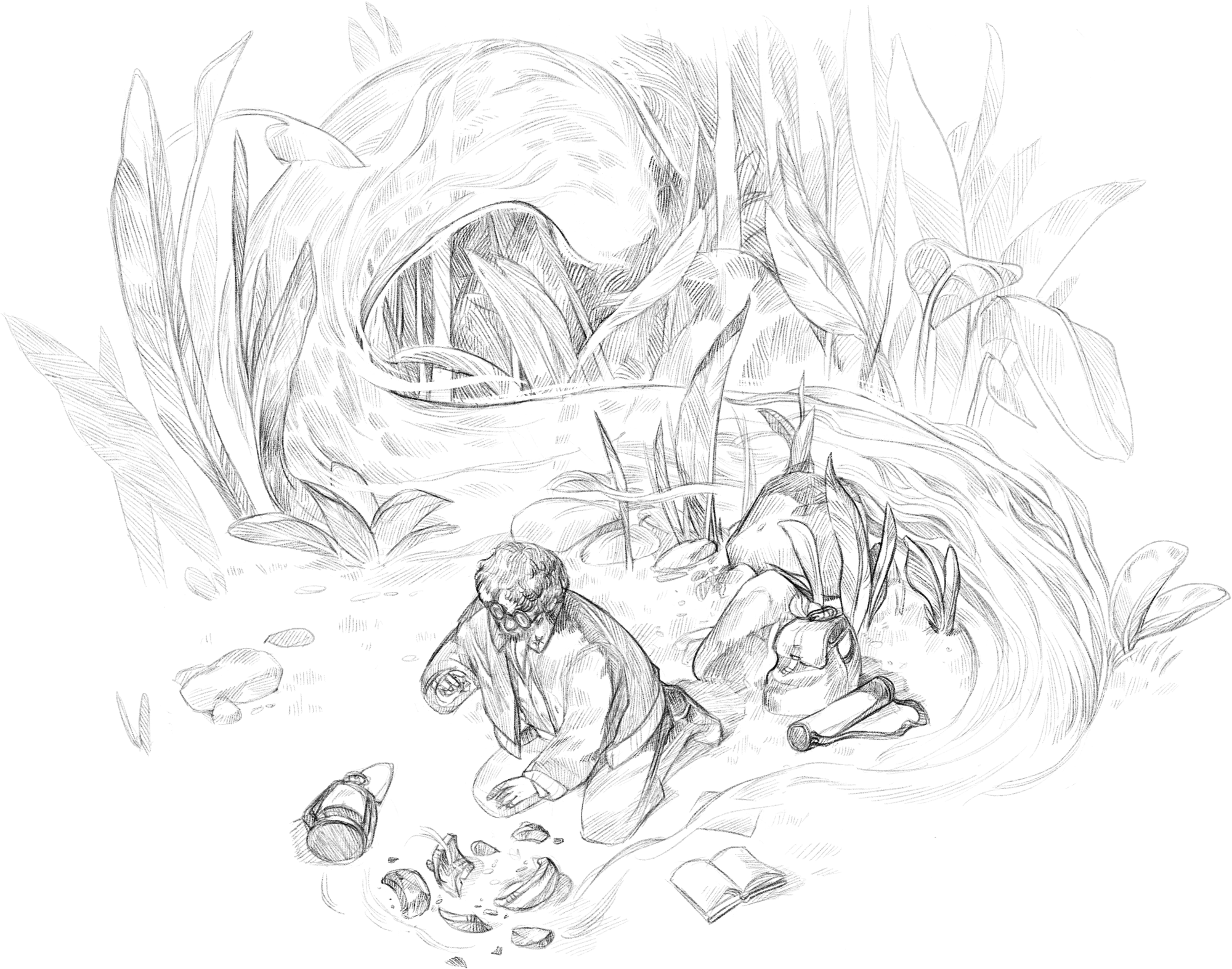 A man crouched on the ground over a broken urn, a serpent spirit that has been released looming behind him in the plantlife.