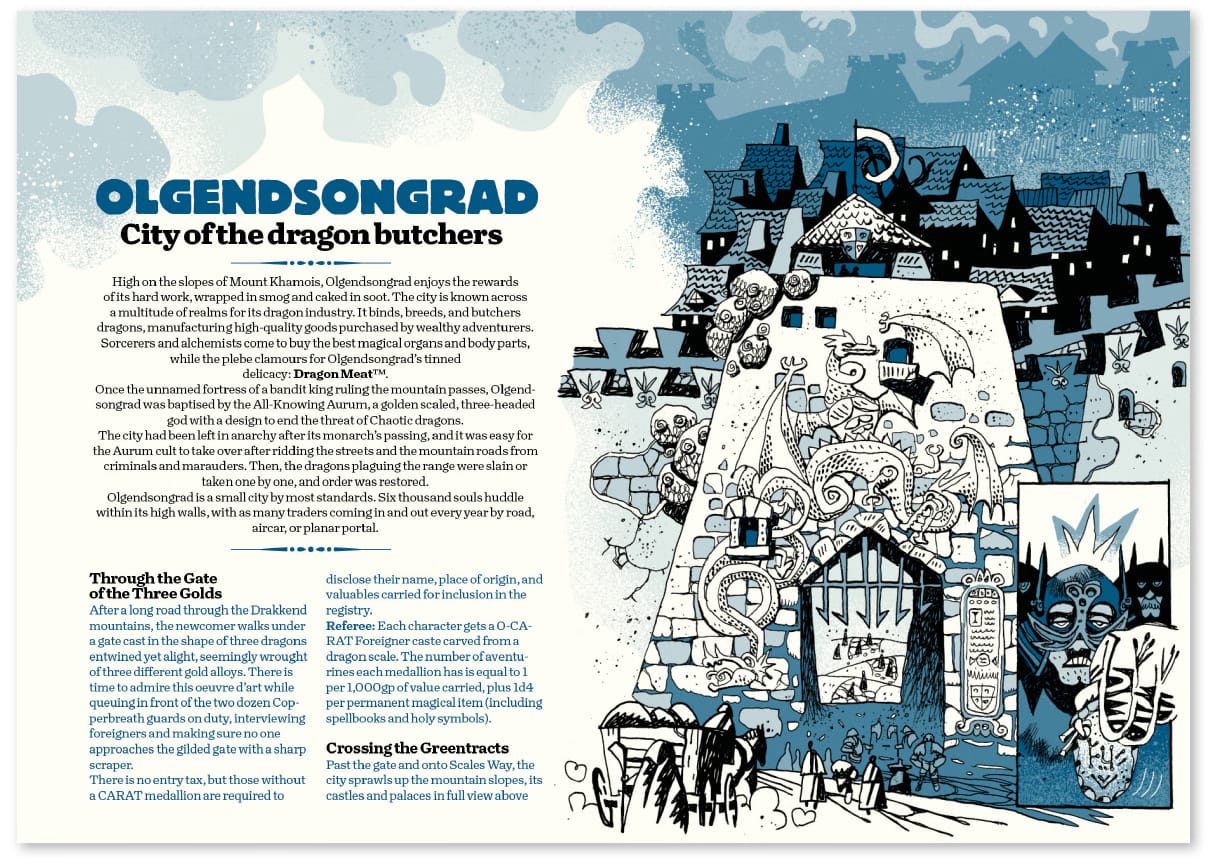 A spread of Hostage Sausage with an illustration on the right and expanding above the text on the left. It is titled "Olgensongrad, city of the dragon butchers". A paragraph introduces the city, and is followed by two more headings: "Through the Gate of the Three Golds" and "Crossing the Green tracts". 