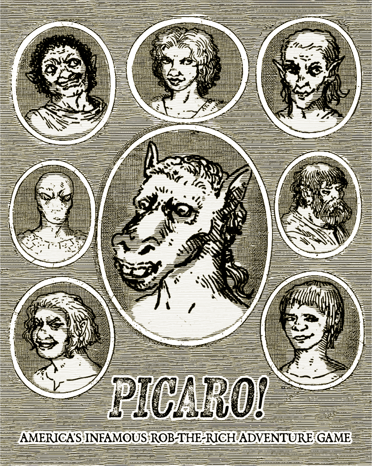 A faux-eighteenth-century frontispiece displays various character busts in oval niches. In the center is a horseheaded man. Other busts include humans, an elf, a dwarf, and a dopplegänger.