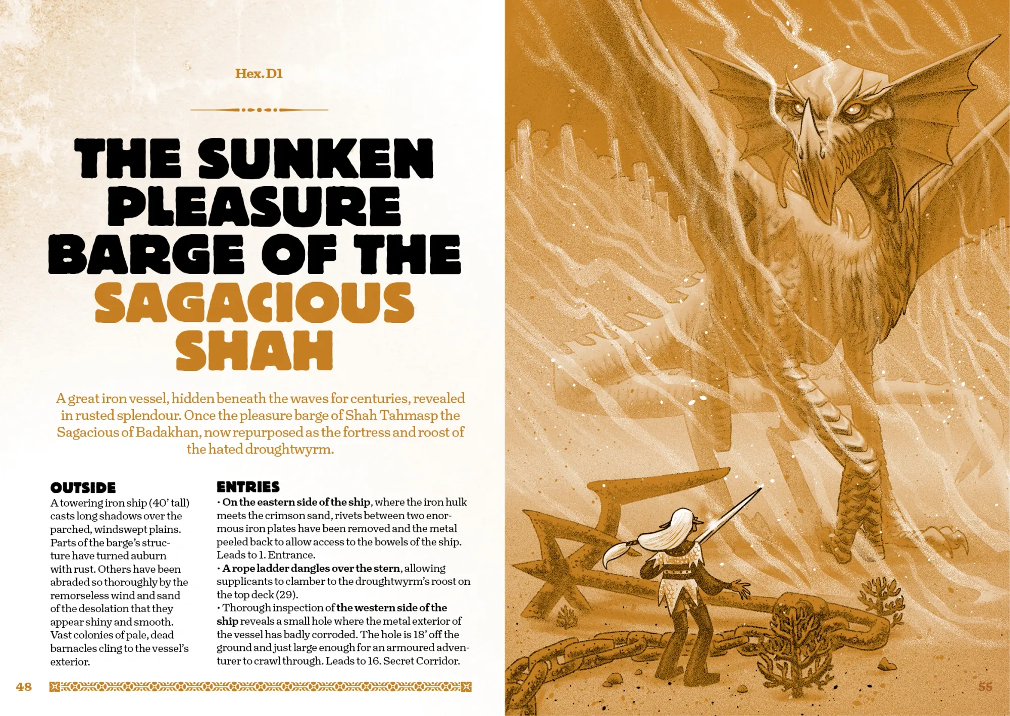 A spread of DDD featuring a full-page illustration of the drought wyrm herself, lording on slinky legs over a character (an elf in chainmail, holding a sword but looking more surprised than ready to fight). Near the elf is a large anchor and its chain, lying in the sand.  On the left is the chapter's title "The Sunken Pleasure Barge of the Sagacious Shah" along with two short paragraphs titled: "Outside" and "Entries"