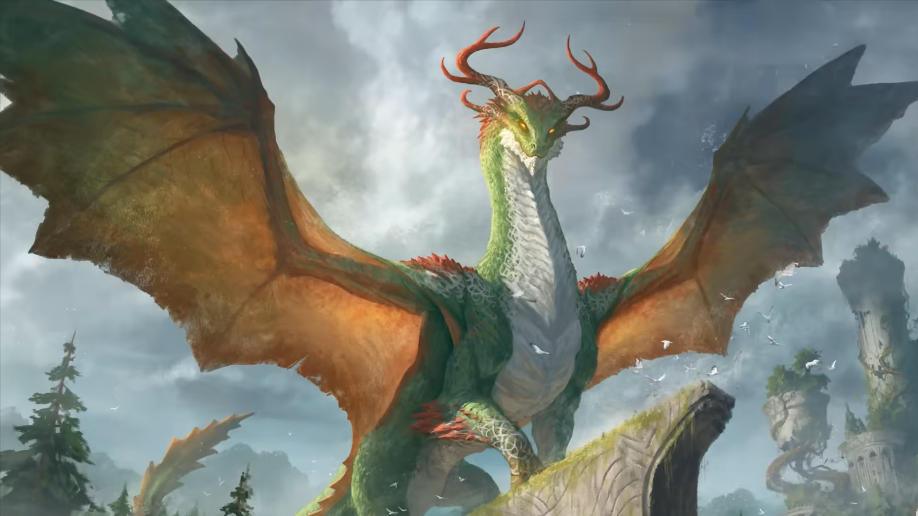 Green dragon with wings unfurled, poised atop moss-covered ruins. Birds scatter nearby, showing its colossal size.
