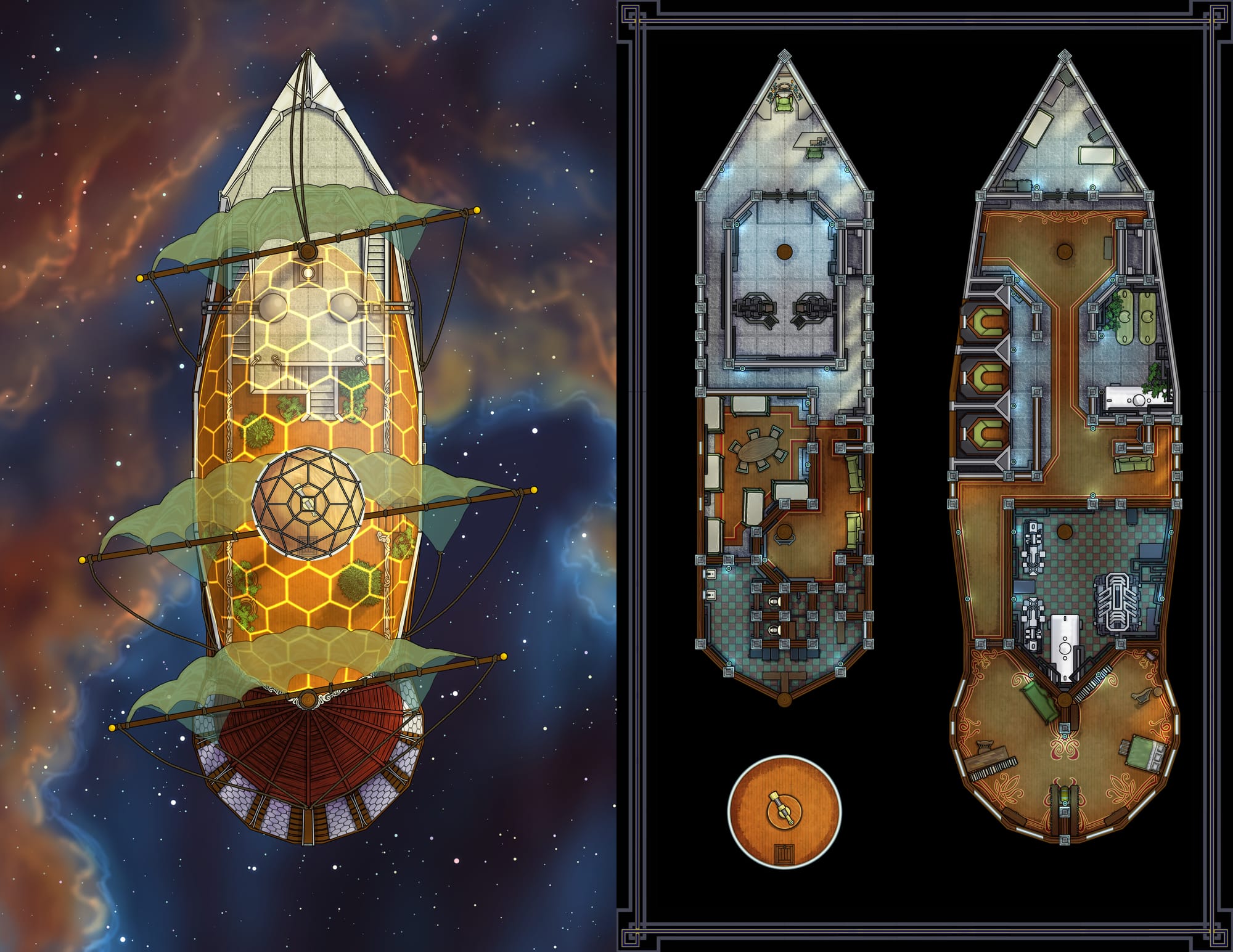 Two images of the same tall ship in space. Left image is top deck with a golden forcefield over the deck. Right image is an interior top-down map showing two decks and a crow's nest.