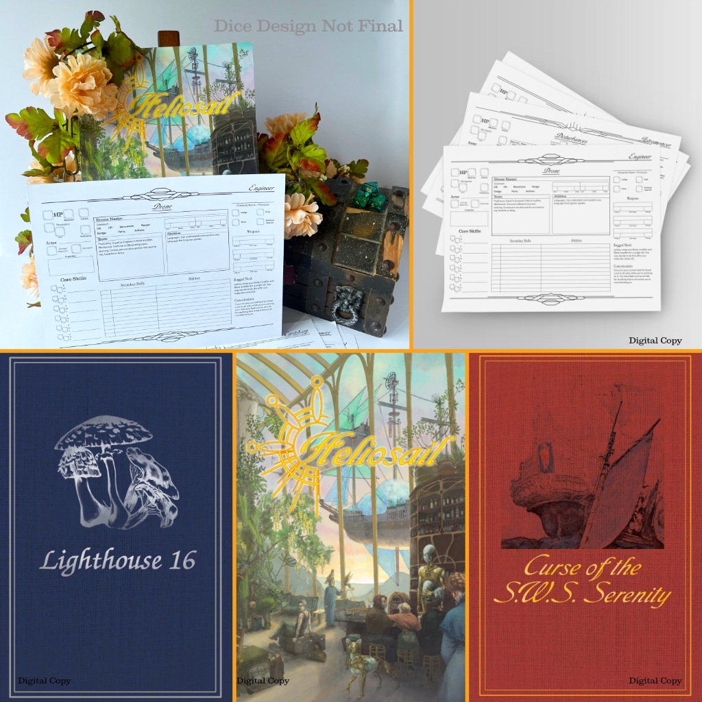 five images in a grid. From left to right, top to bottom: Heliosail book with character sheets and dice plus treasure chest prop. Stack of character sheets with the note "digital copy." Blue book cover with silver mushrooms and the title "Lighthouse 16." Heliosail's book cover with title. Red book cover with a ship image and the title "Curse of the SWS serenity."