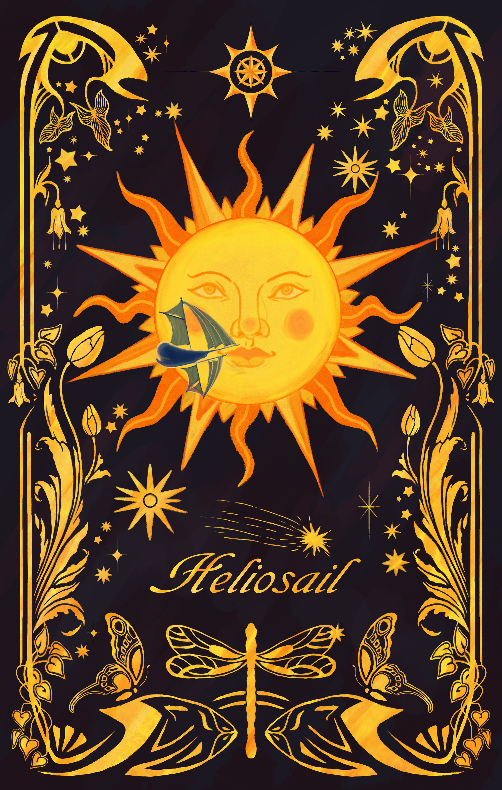 dark poster with fold details of an art nouveau border, butterflies and dragon flies, and a sun with a face and the shadow of a ship over it. "Heliosail" is written at the bottom with a shooting star above it.