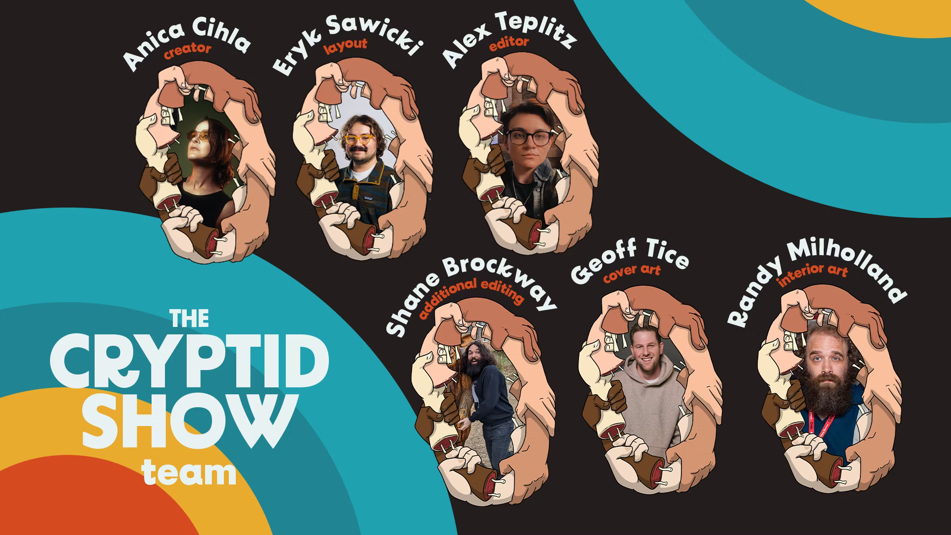 An image depicting the team that worked on The CryptID Show. Text: Anica Cihla - creator; Eryk Sawicki - layout; Alex Teplitz - editor; Shane Brockway - additional editing; Geoff Tice - cover art; Randy Milholland - interior art