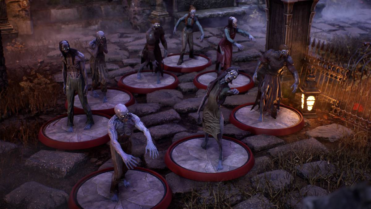 A screenshot from Sigil showing a graveyard with eight gray-skinned, white-eyed zombies shuffling towards the camera.